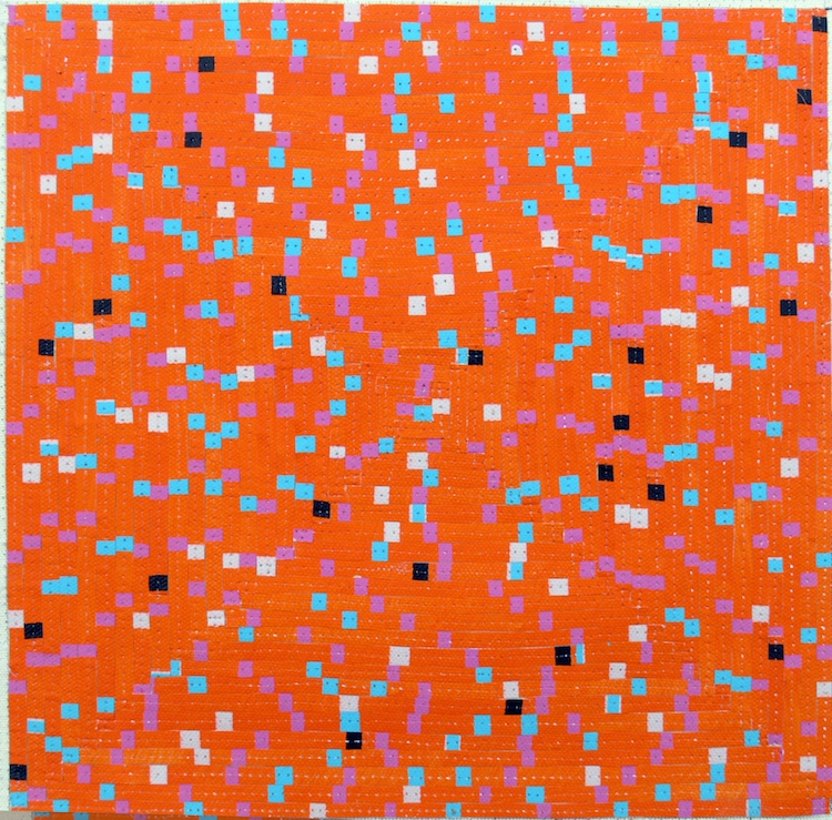 Eveline Kotai - Square Spiral Orange, 2014, mixed media stitched collage, 30x30cm, private collection