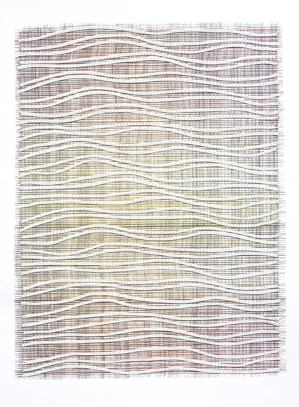 Eveline Kotai - Ripple Effect/White, 2012, mixed media stitched collage, 63x53cm (private collection)