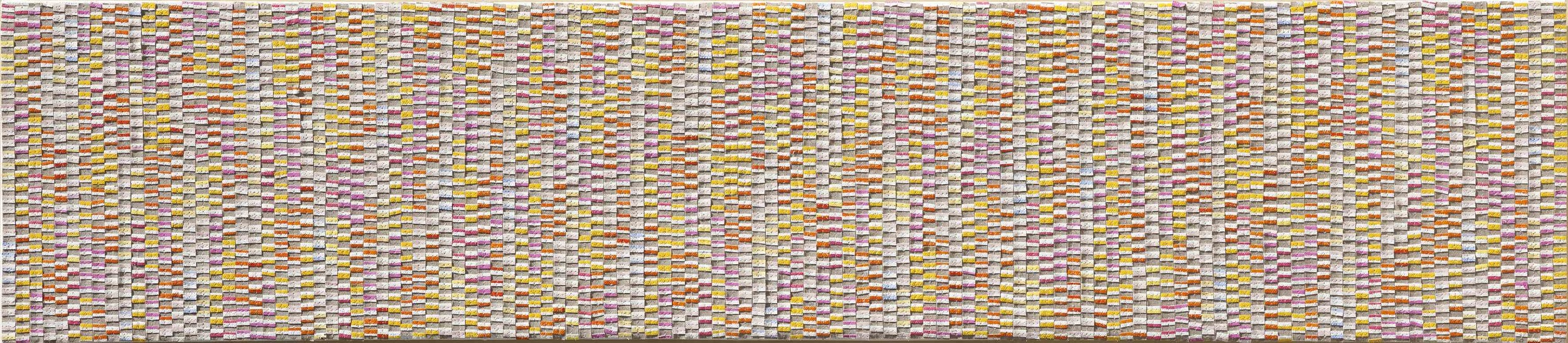 Eveline Kotai - Unfurling, 2012, mixed media stitched collage, 25x125cm