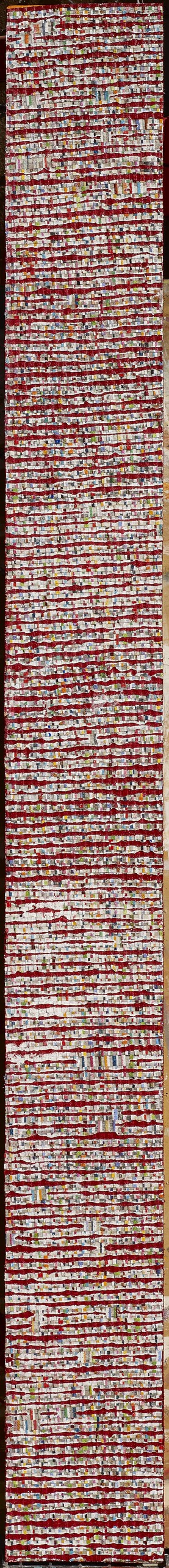 Eveline Kotai - Totem/Red, 2012, mixed media stitched collage, 140x12cm (private collection)