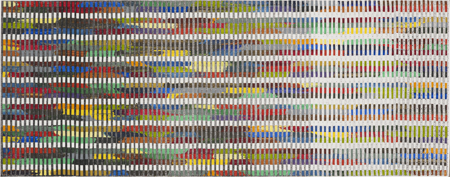 Eveline Kotai - Spectrum on Black Muslin, mixed media stitched collage, 45x110cm, 2014 (City of Perth Collection) 