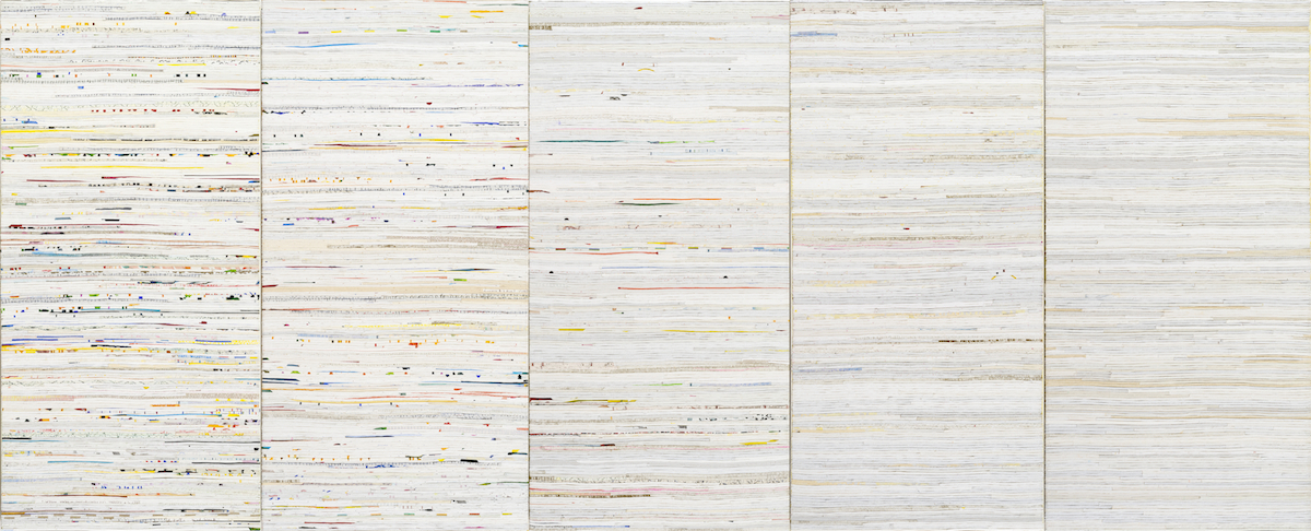 Trace Elements 2016, acrylic and nylon thread on linen, 120 x 300cm (5 panels). Collection of the Art Gallery of Western Australia