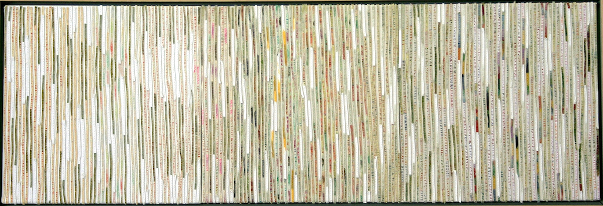 Unfurling 1 Story Lines 2005, acrylic and nylon thread on linen, 27 x 78cm. Private Collection