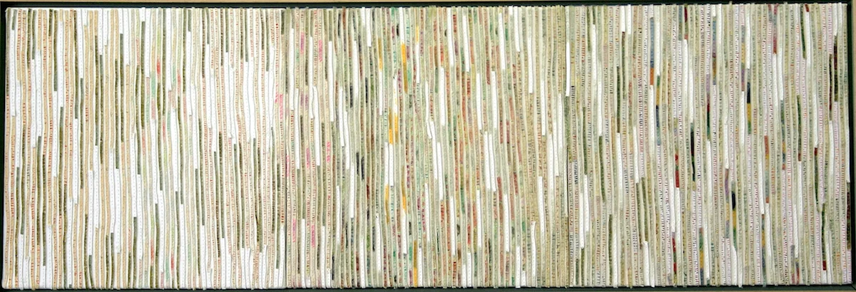 Unfurling 1 Story Lines 2005, acrylic and nylon thread on linen, 27 x 78cm. Private Collection
