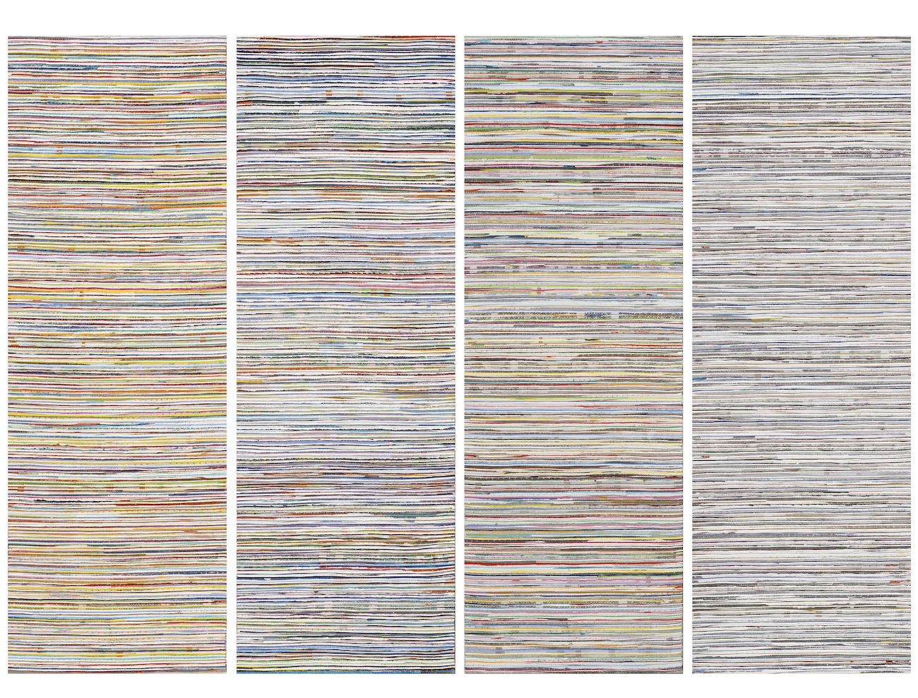 Middle Ground - In the Line 2014, acrylic and nylon thread on linen, 50 x 200cm (4 panels). Collection of the Artist