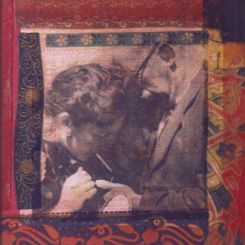 Old Photographs, Second Round - Borka and Nagypapa 1995, photographic transfer on acrylic sheet on woodcut on paper, 30 x 30cm. Private Collection