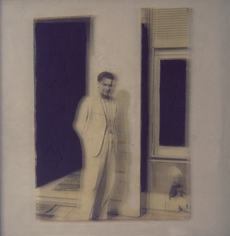 Old Photographs, Second Round - Dad 1995, photographic transfer on acrylic sheet with acrylic paint on board, 30 x 30cm. Private Collection