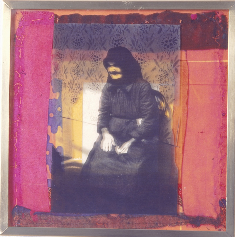 Old Photographs, Second Round - Mari Neni 1995, photographic transfer on acrylic sheet on woodcut on paper, 30 x 30cm. Private Collection