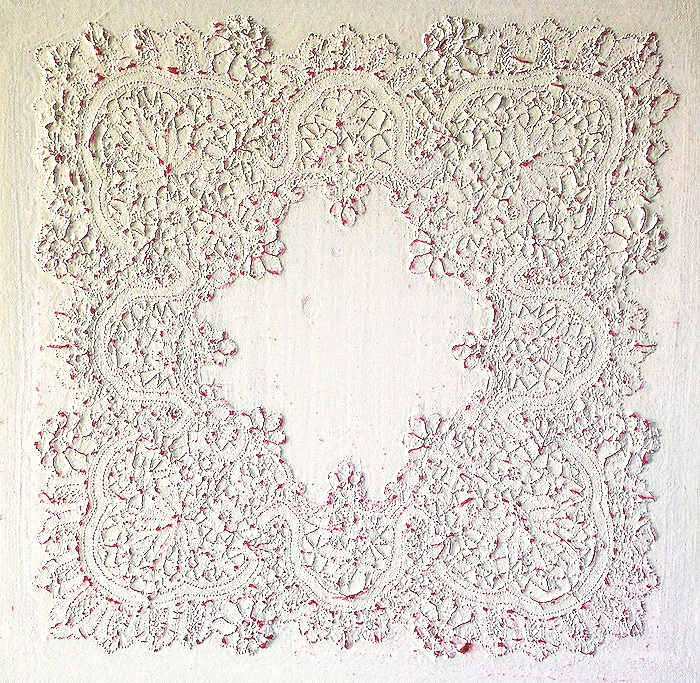 Eveline Kotai - Inheritance, 2015, hand made lace handkerchief + bio-paint on linen, 60x60cm, collection of artist