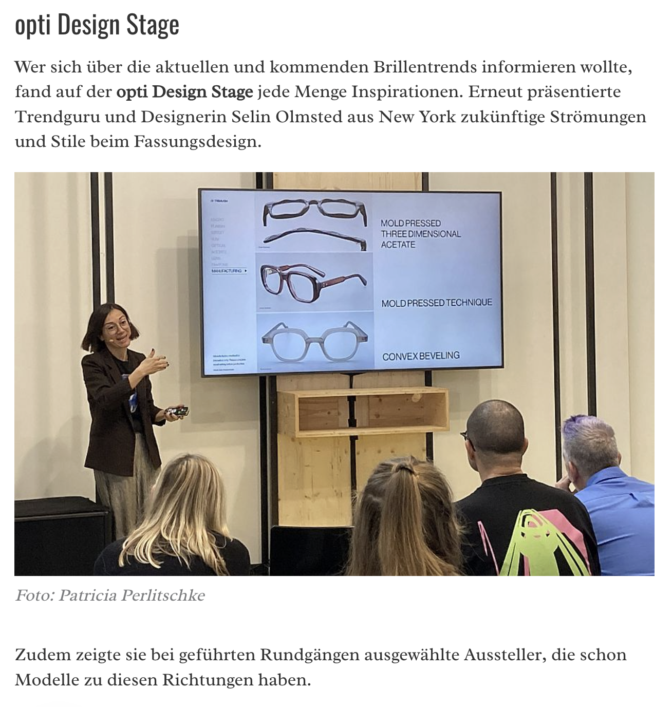 Eyebizz features Selin Olmsted sharing insights on upcoming frame design trends at the OPTI 2026 Design Stage.