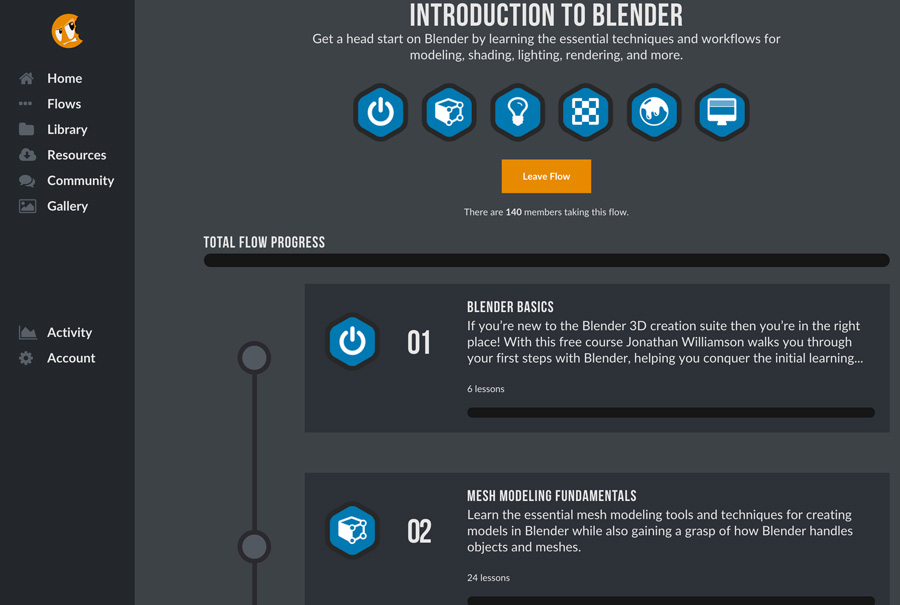 Screenshot of beginning of Blender flow. The very first part of the flow 'Blender Basics' is FREE.