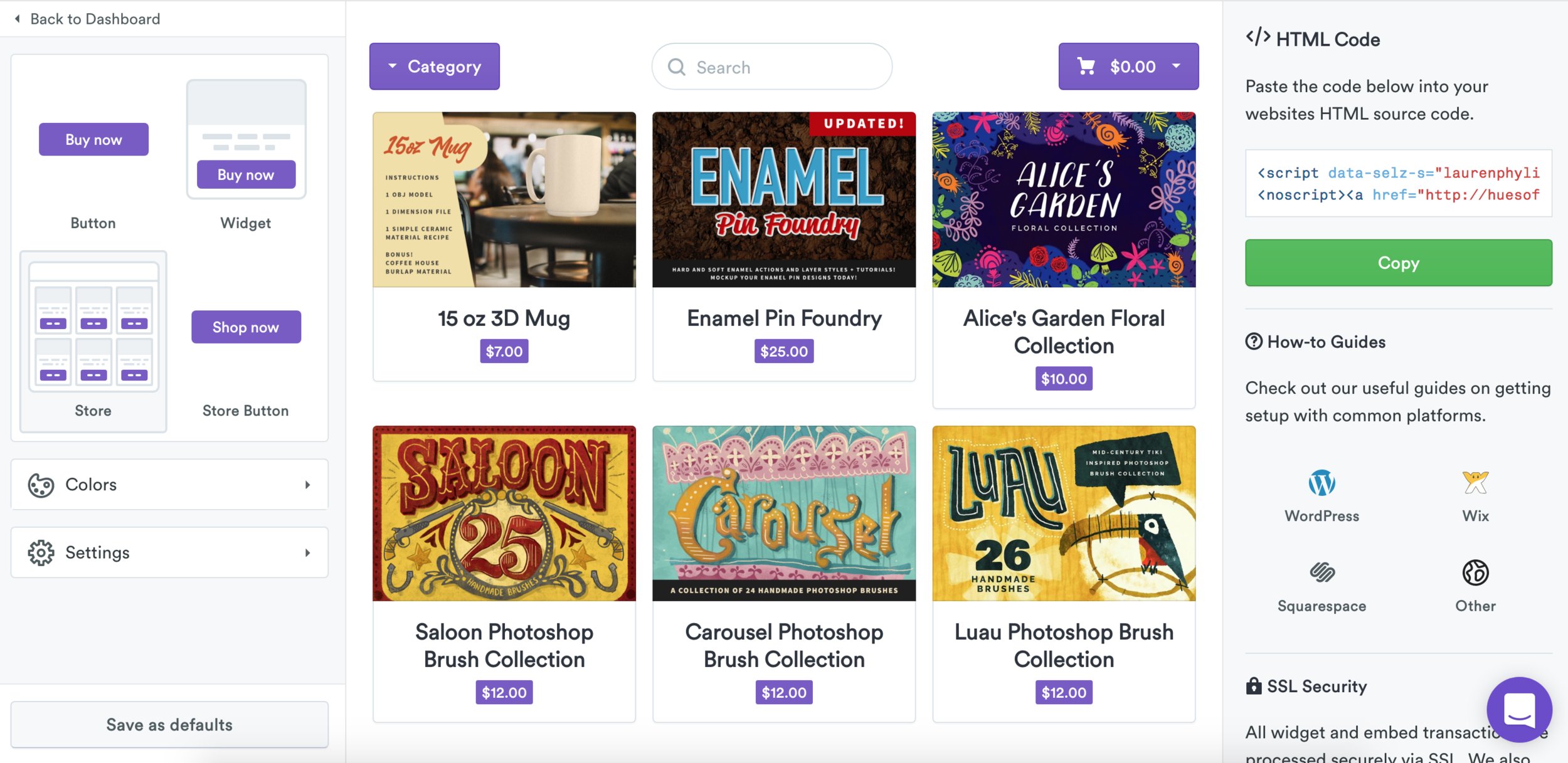 Selz's entire store embed feature. You could also embed 3 other ways.