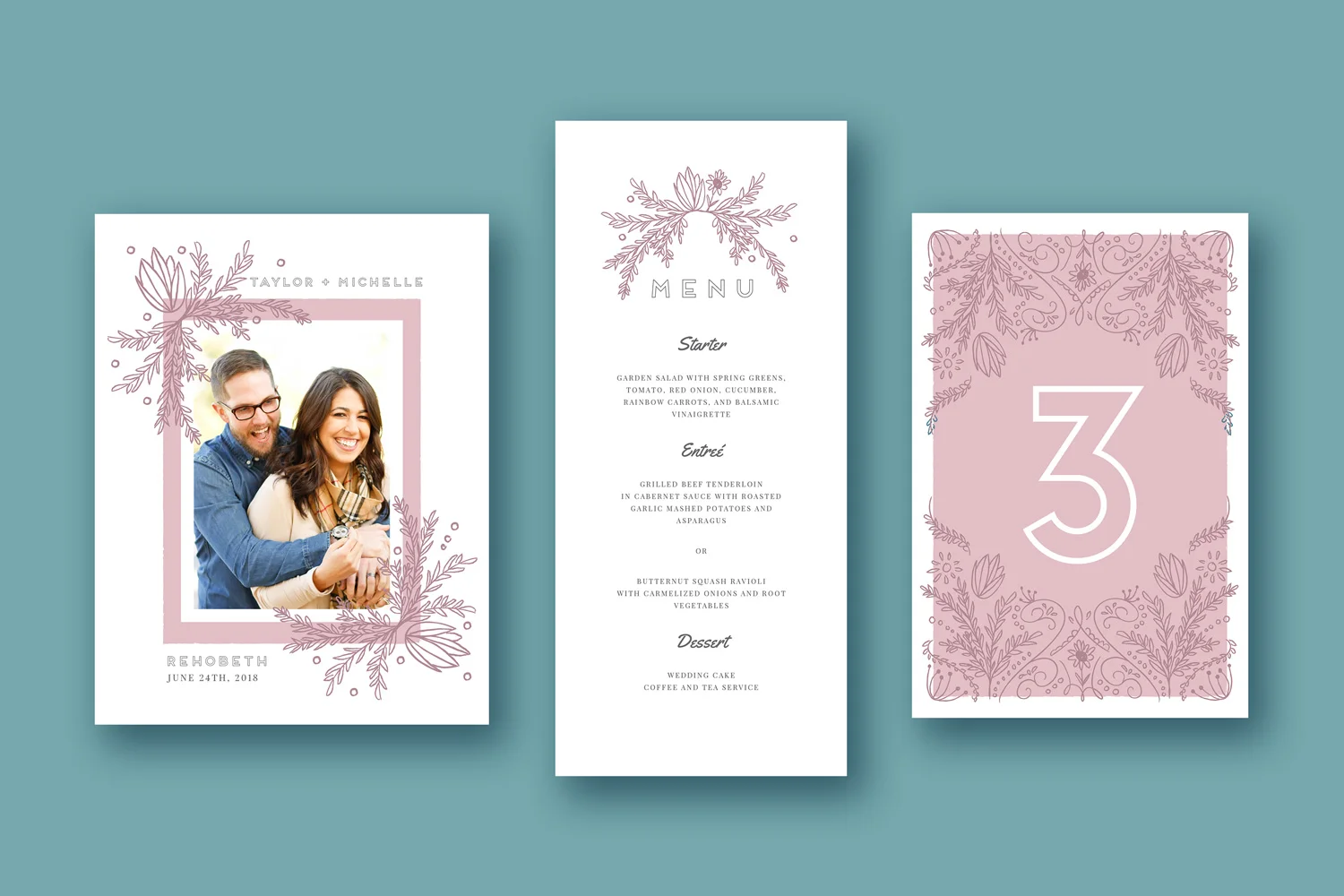 illustrated floral wedding save the date, menu, and table number cards