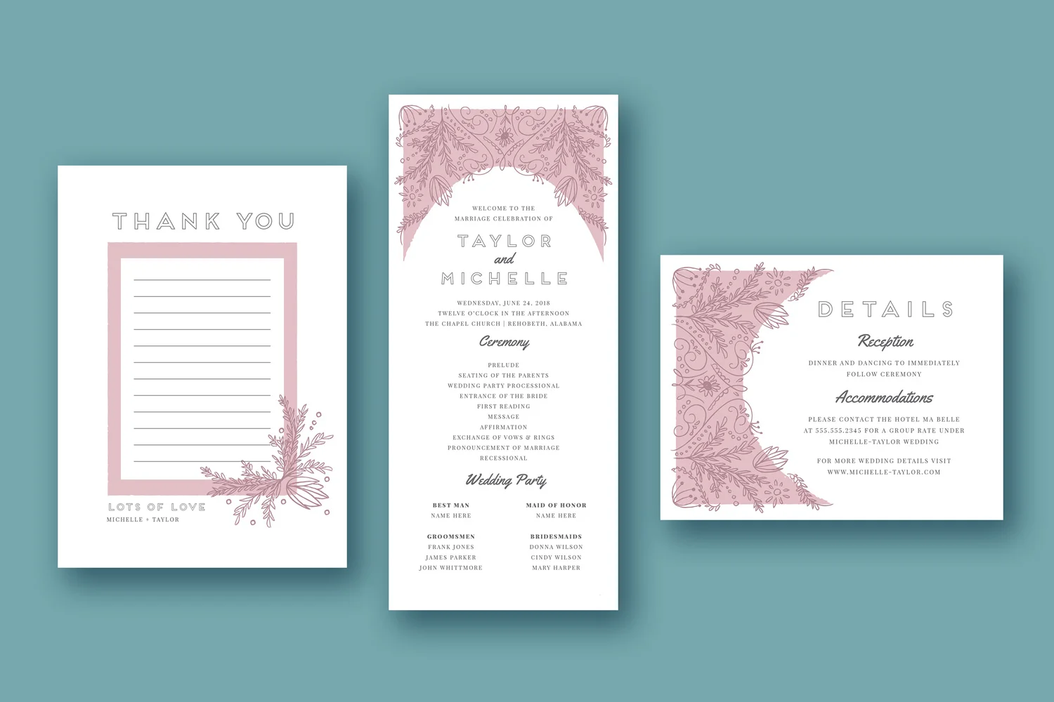 floral illustrated wedding thank you, details, and program card design