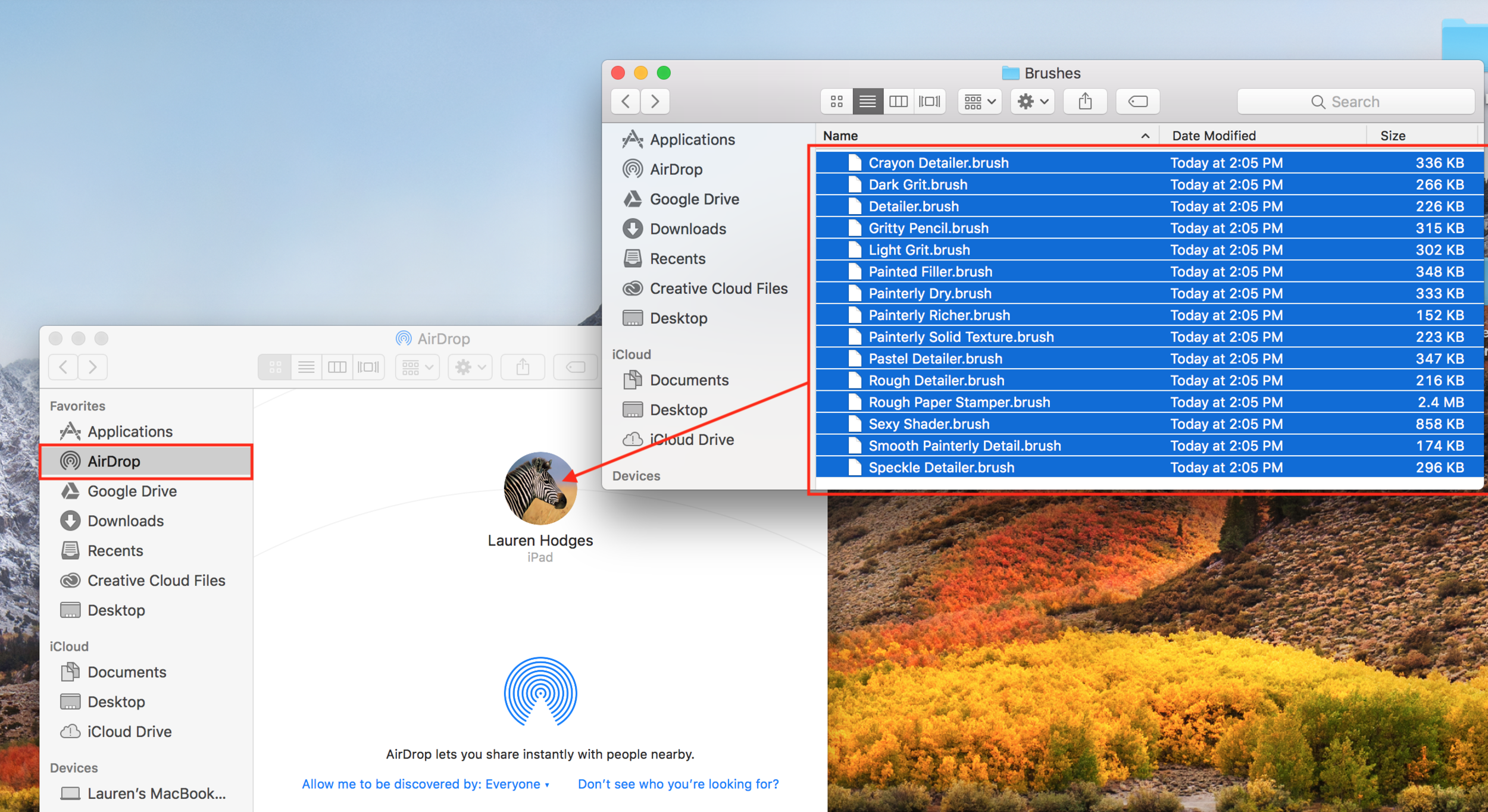 In the example above you cans see where I opened two finder windows (One for the brushes and one for air drop). I drag those brushes onto my ipad airdrop folder (My Portrait).
