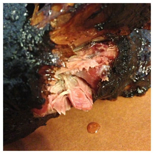 BEAUTIFUL BARK ON THIS PORK SHOULDER I SMOKED. BARK IS A RESULT OF THE MAILLARD REACTION, A CHEMICAL REACTION BETWEEN AMINO ACIDS AND REDUCING SUGARS THAT GIVES BROWNED FOODS THEIR DESIRABLE FLAVORS