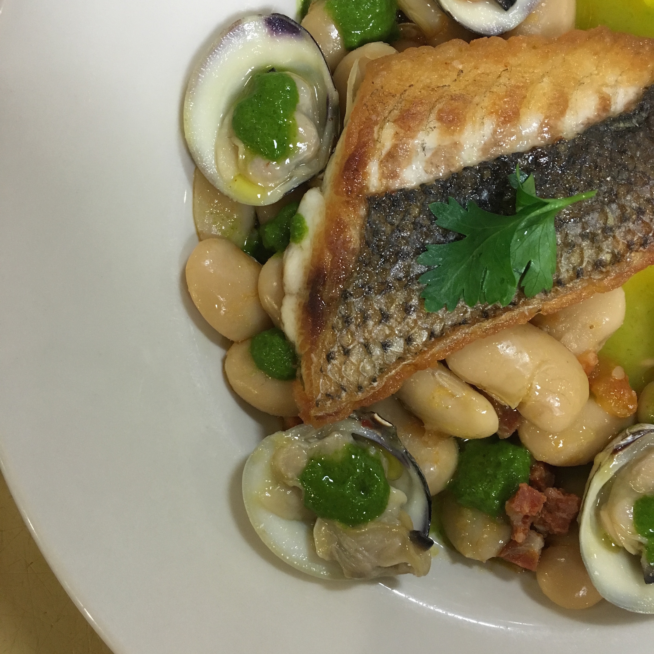 DEFINITELY ONE OF MY MOST FAVORITE DISHES WE HAVE MADE TO DATE! SO MUCH GOODNESS ON ONE PLATE. THE SALTY BRININESS OF THE CLAMS, THE SPICY CHORIZO AND CLEAN FLAVOR OF THE STRIPED BASS WAS PERFECT TOGETHER. AND THE BEANS! THEY WERE THE PERFECT TEXTURE TO BRING EVERYTHING TOGETHER! THE SALSA VERDE ADDED A TOUCH OF "BRIGHTNESS" TO EVERYTHING....A PERFECT SUMMER DISH!