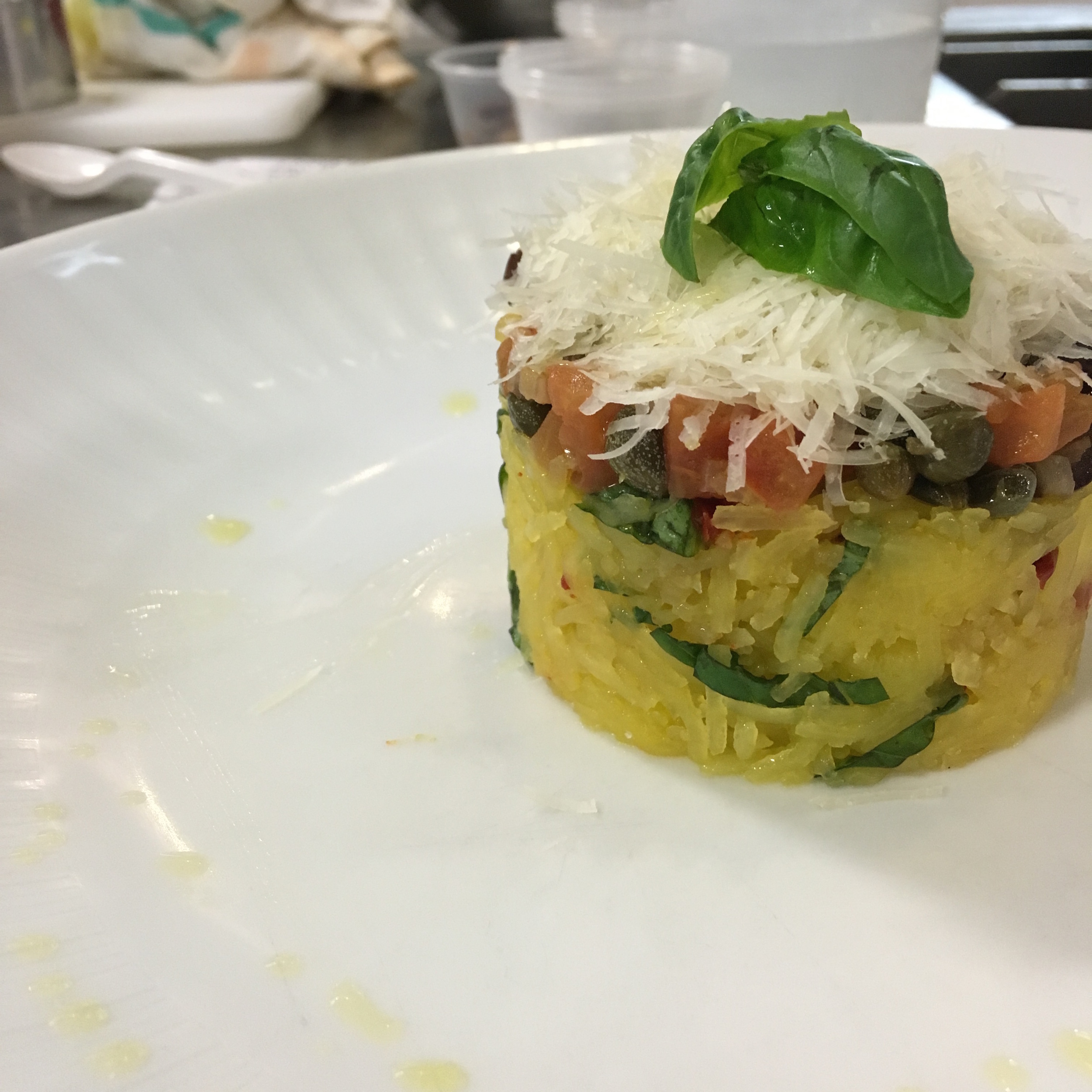I LOVE SPAGHETTI SQUASH!! WHEN I AM IN THE MOOD FOR PASTA BUT DO NOT WANT THE CARBS, I TURN TO THIS DELICIOUS GOURD! THE ADDITION OF CAPERS TO THIS DISH ADDED THE PERFECT AMOUNT OF SALTY BRINY DELICIOUSNESS!