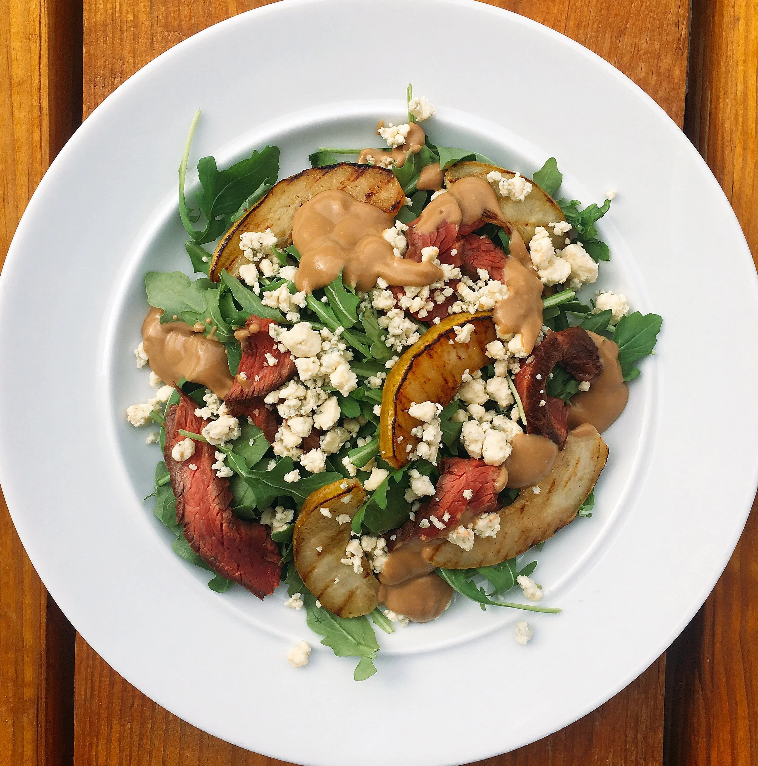 HANGAR STEAK SALAD - GRILLED PEARS, GORGONZOLA, BALSAMIC-YOGURT DRESSING