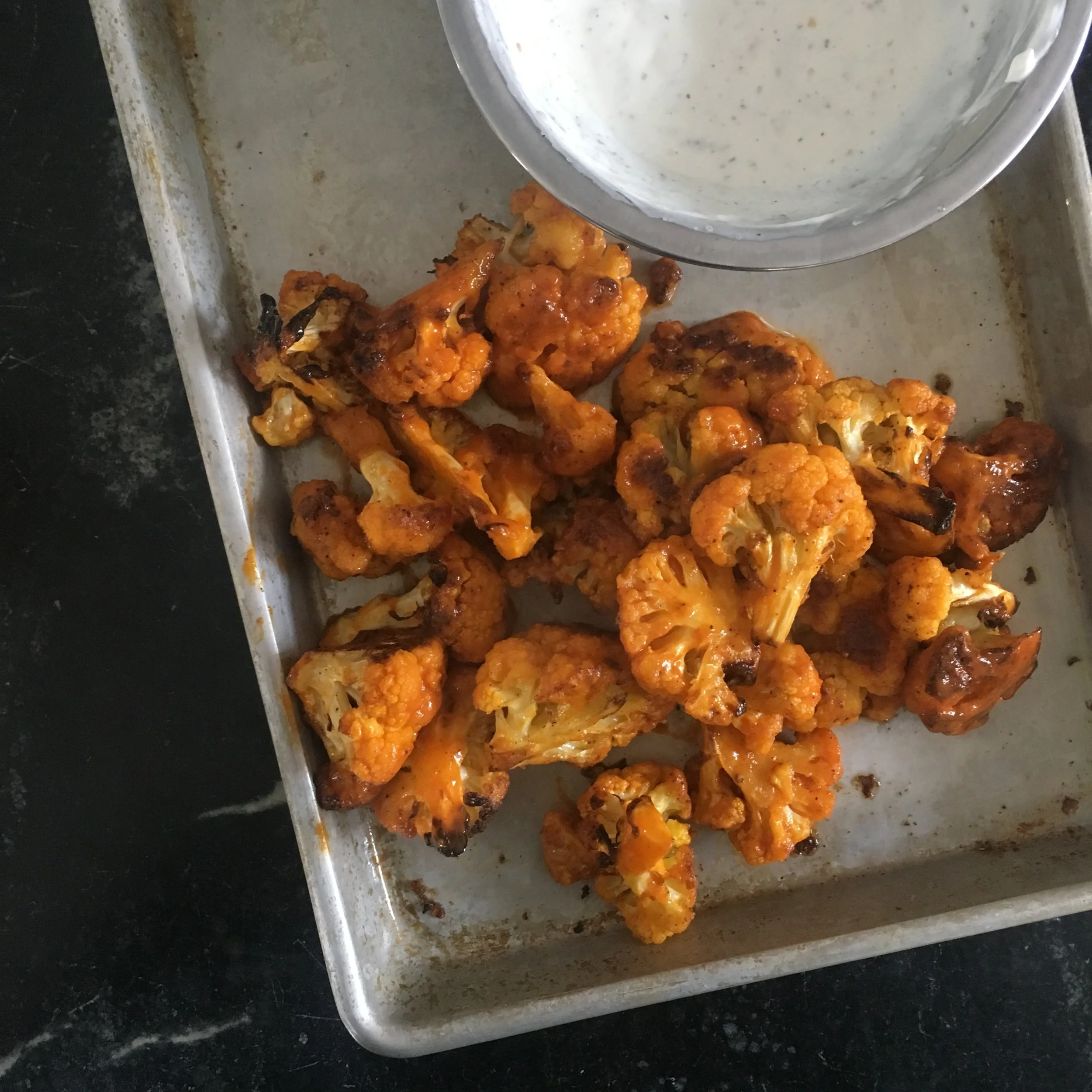 BAKED BUFFALO CAULIFLOWER BITES WITH SHORTCUT YOGURT RANCH DIP