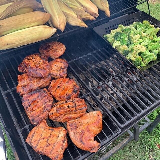 This is a 🔥 meal for sure!! From @ianharmon84 of Savannah River Site FD/Station 1....SMOKED and Grilled Pork Chops, Corn on the Cob, Grilled Broccoli. Keeping the husk on while grilling steams the corn as it cooks and makes peeling it much easier, e