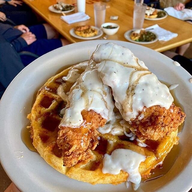 If you need a reason to eat a #cheatmeal , look no further.... from @firehousegrub , Fried Chicken and Jalapeno-Cheddar Corn Meal Waffles with Cream Gravy and Syrup. 🤤🤤🤤🤤🤤🤤🤤 I can almost guarantee this crew 🙏 no jobs came in right after this 