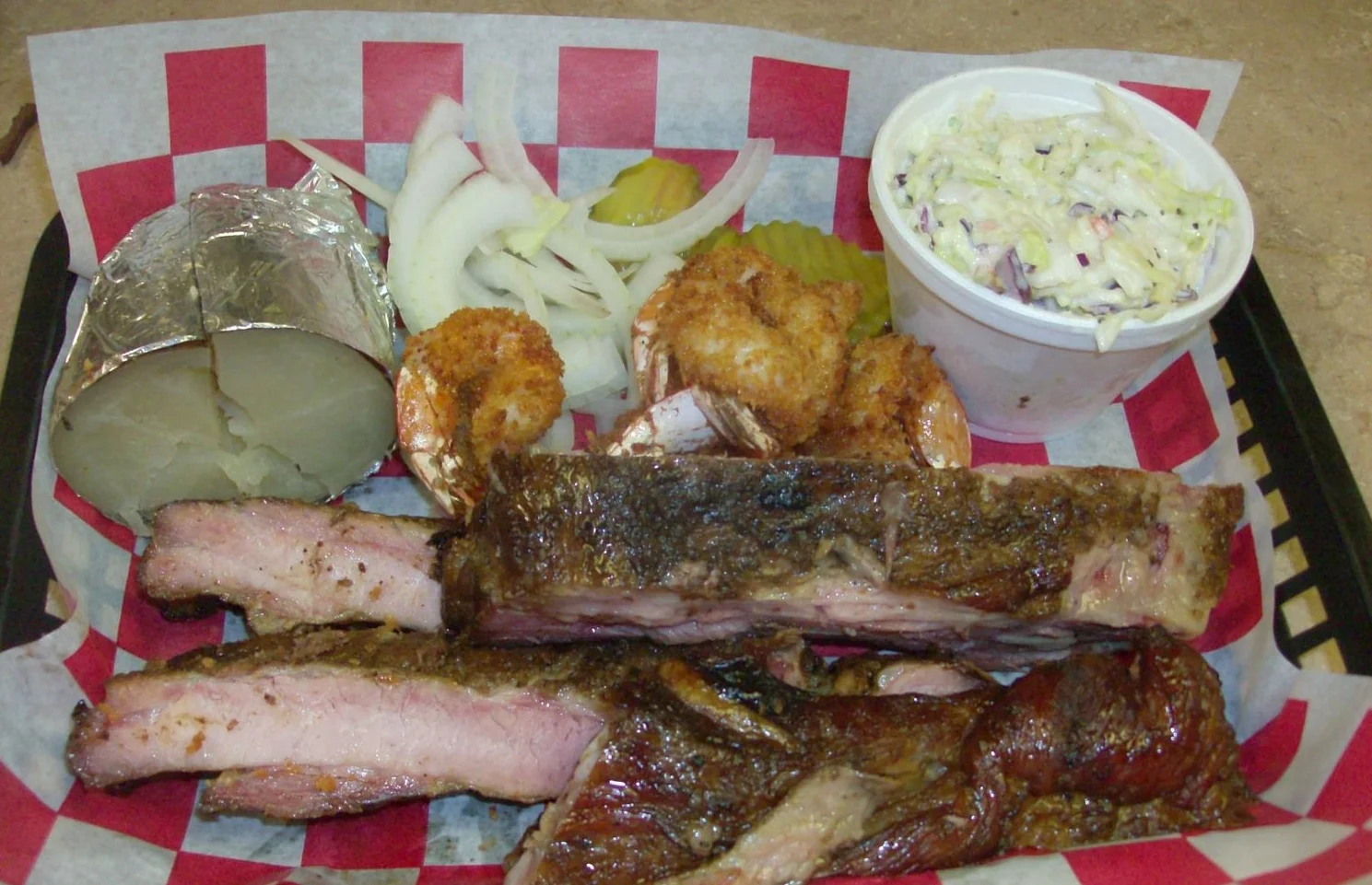 Bar-B-Que Plate (2 meat: Ribs & Chicken), added 5 shrimp ($3.50) with coleslaw and baked potato