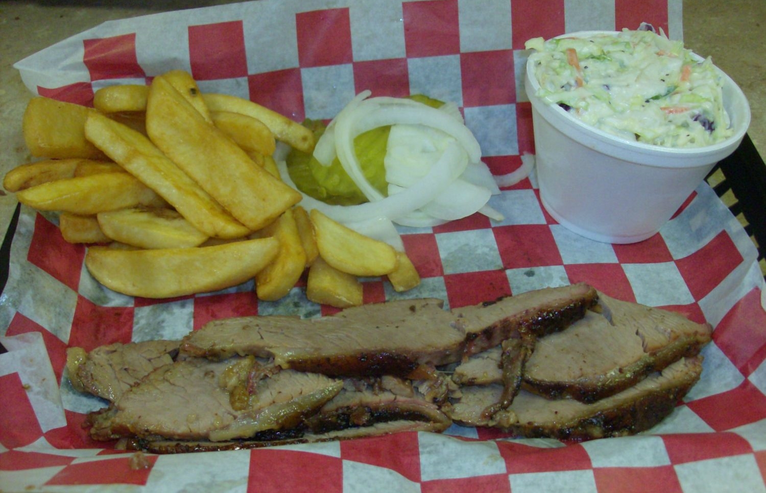 Bar-B-Que Plate (one meat: Brisket) with fries and coleslaw