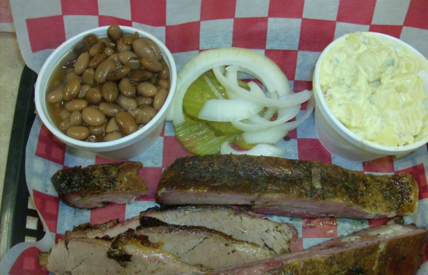 Bar-B-Que Plate (two meat: Brisket and Ribs) with pinto beans and potato salad