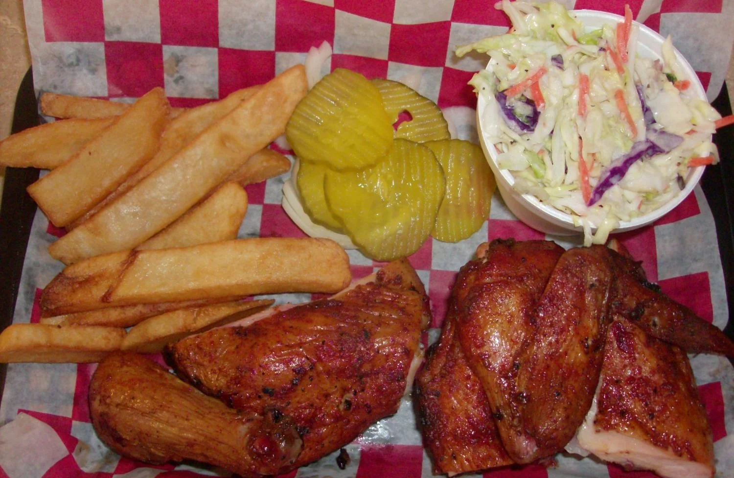 Bar-B-Plate (two meat: Chicken) with fries and coleslaw