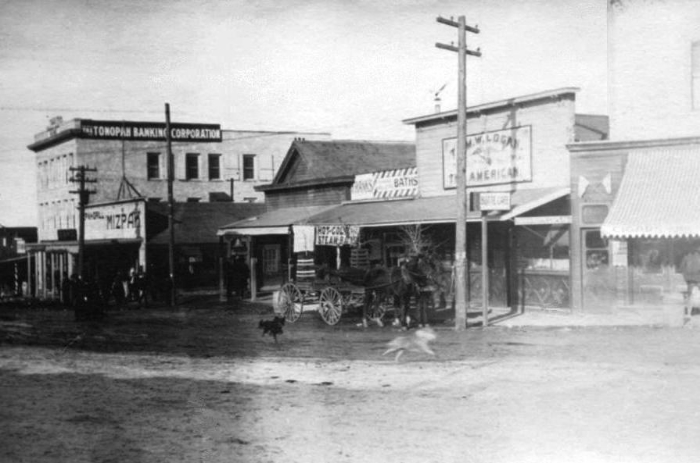 Tom Logan's saloon, "The American," Main Street and Brougher Avenue, Tonopah, Nevada - c. 1905