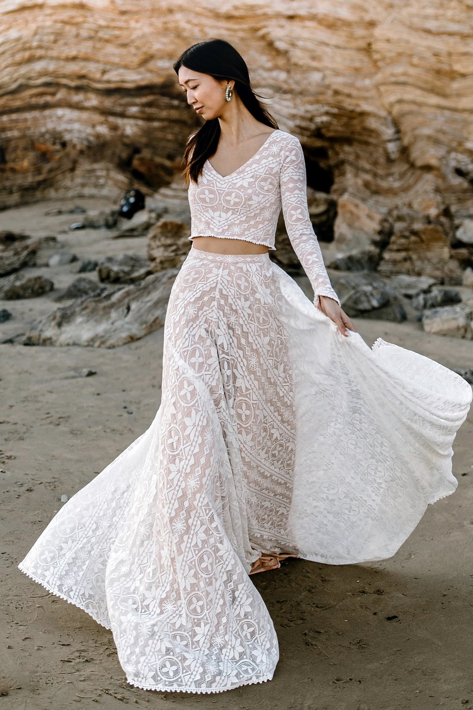 Casual Wedding Dress A-line V-Neck Long Sleeves Lace Floor Length Bridal  Gowns – Dbrbridal