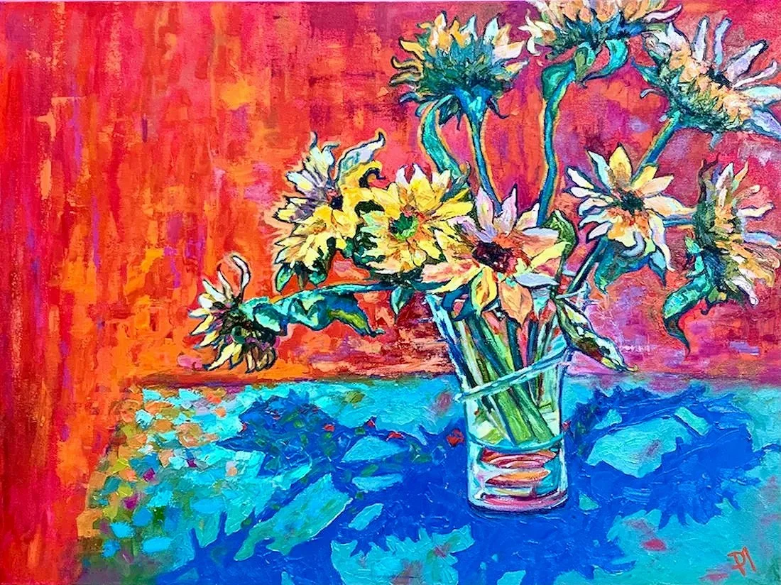 SOLD "Sunflowers and Shadows" 30"x40" original oil painting on canvas.