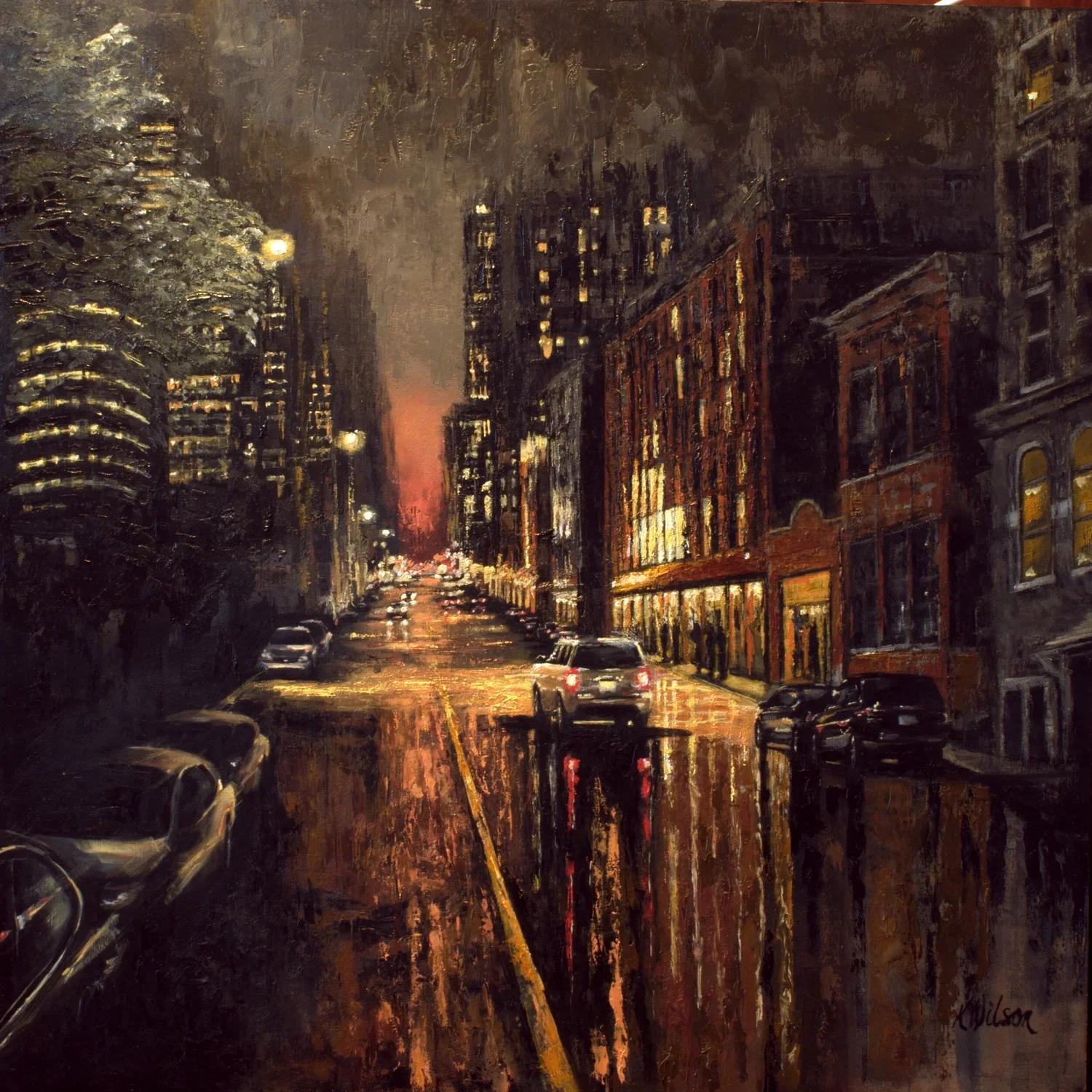 "Into the Crimson Sky" 30"x30" original oil painting on birch panel, framed.