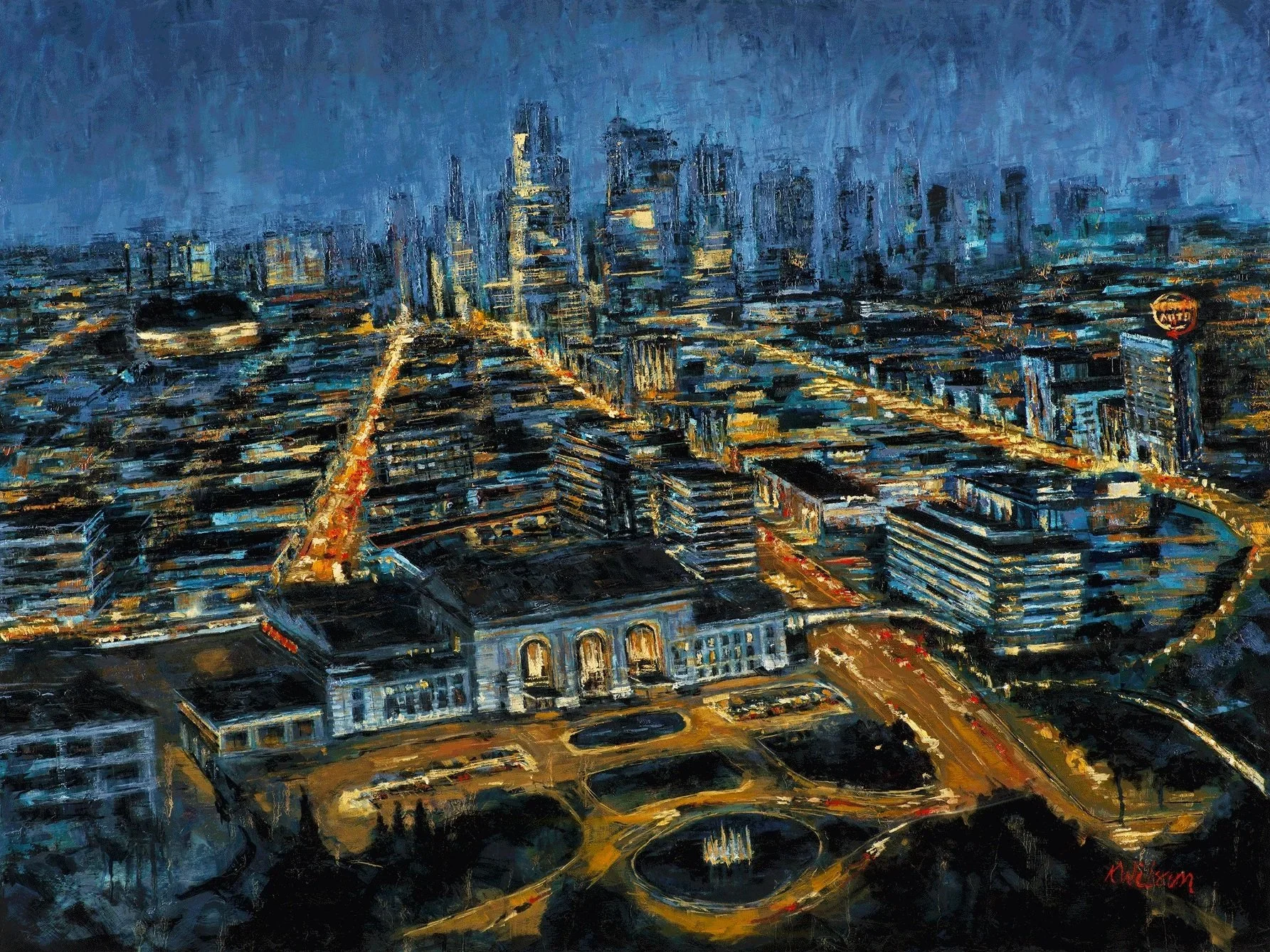 "Friday Night City" 36"x48" original oil painting on birch panel, framed.