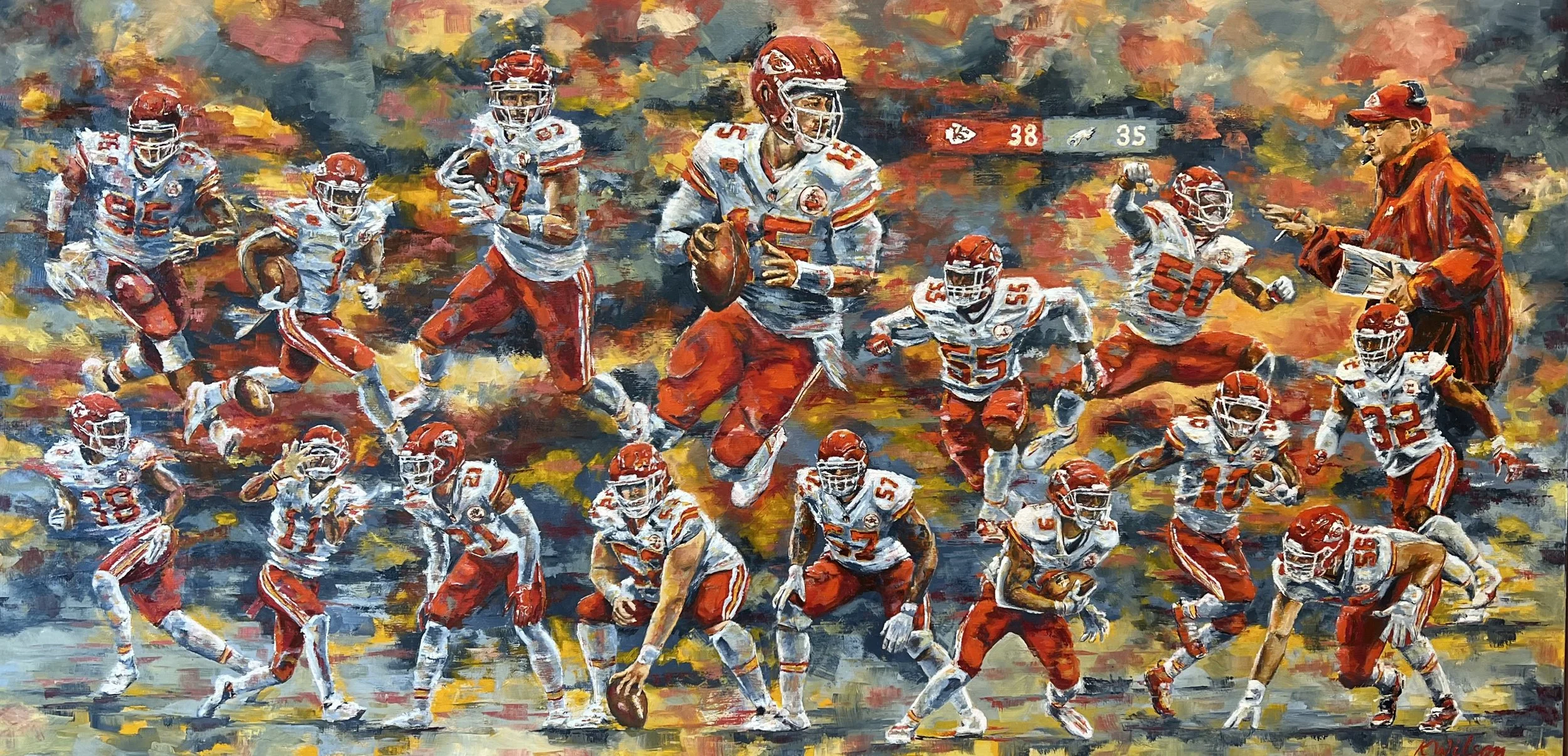"Hail to the Chiefs" 24"x48" orig. oil painting on birch panel, framed.