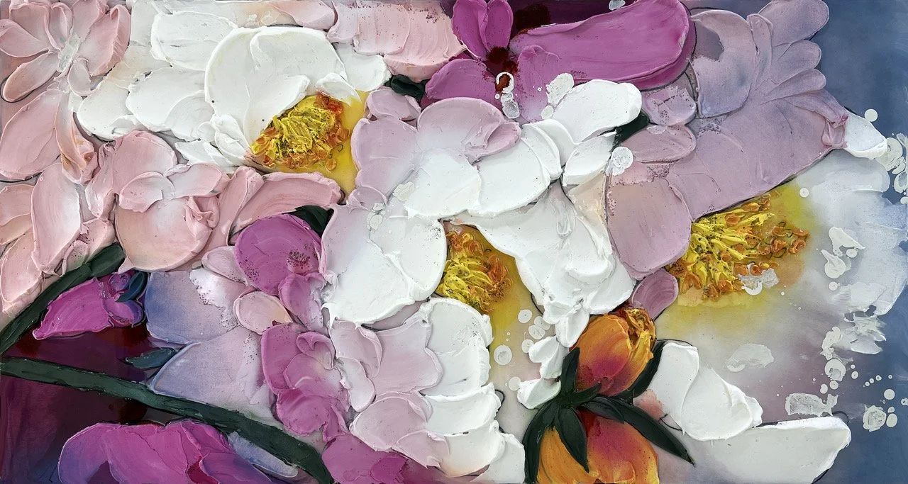 SOLD "Nature Always Wears The Colors Of The Spirit" 31"x59" orig. acrylic/mixed media on board w/ resin overlay.