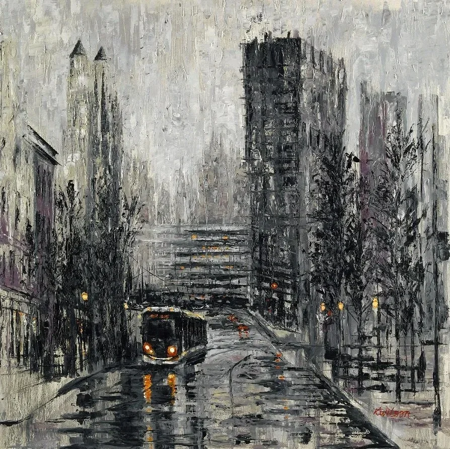 "A Trip To The City Lights" 40"x40" original oil painting on birch panel, framed.