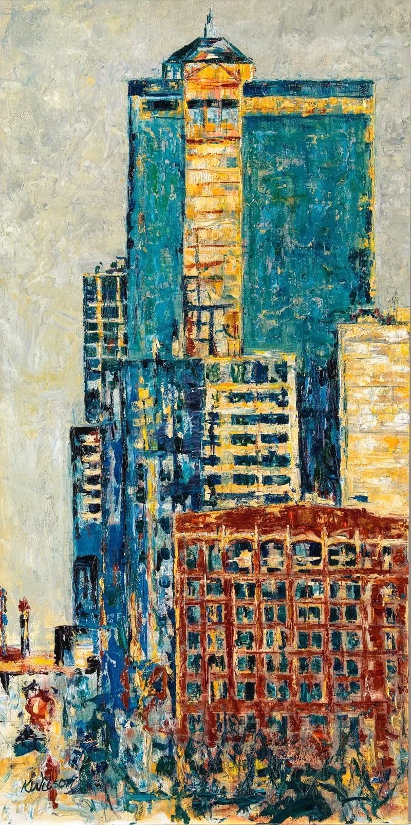 "Main Street" 48"x24" original oil painting on birch panel, framed.