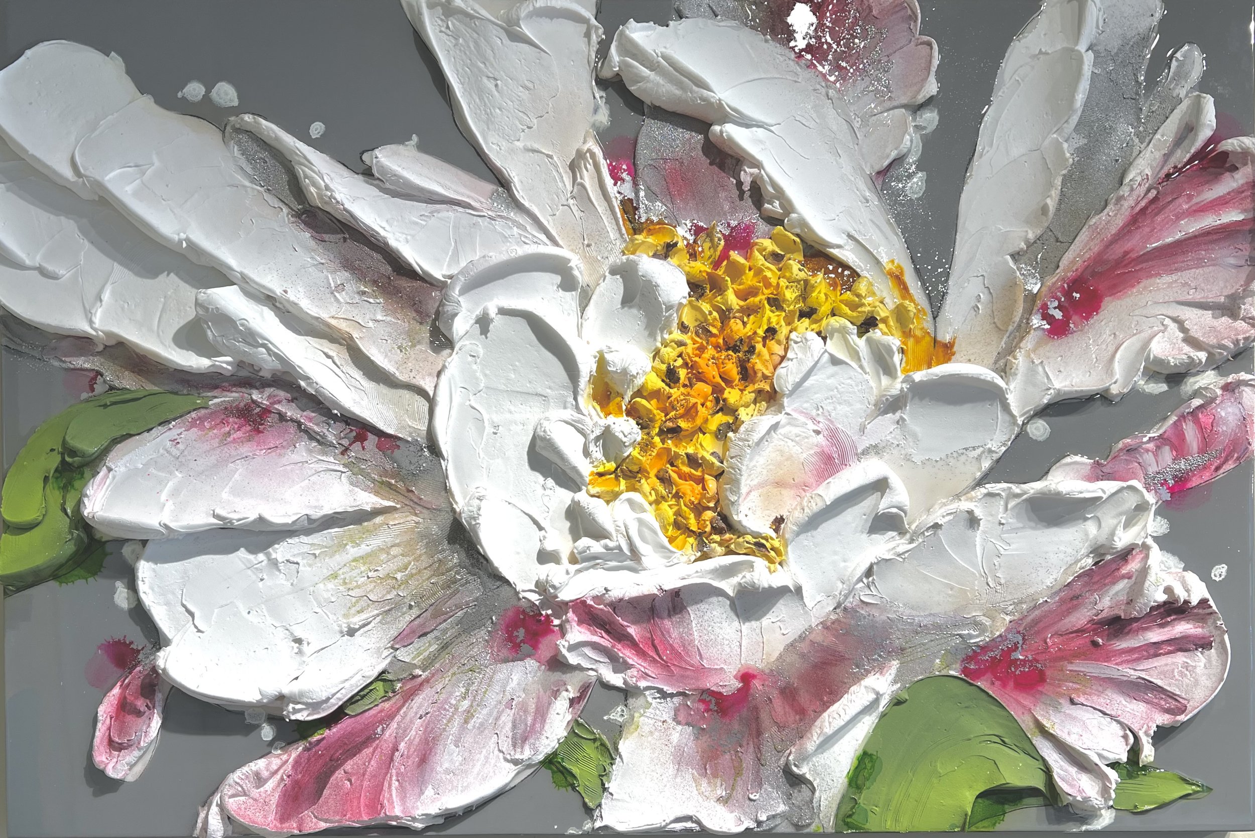 SOLD "Life Is The Flower For Which Love Is The Honey 31"x47" orig. acry/mm on board with resin overlay.