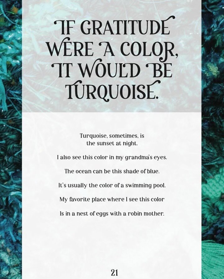Page Excerpt from book, IF GRATITUDE WERE A COLOR, IT WOULD BE TURQUOISE, by Laura A. Mena.