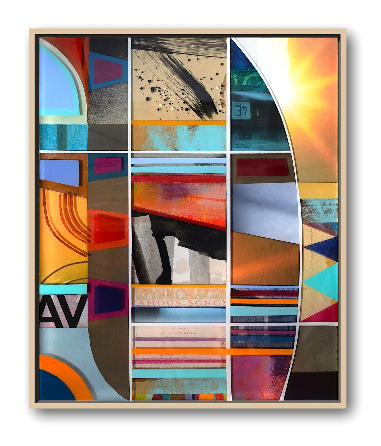"Famous Songs" 12" x 16" MM collage/paint/resin on birch, framed.
