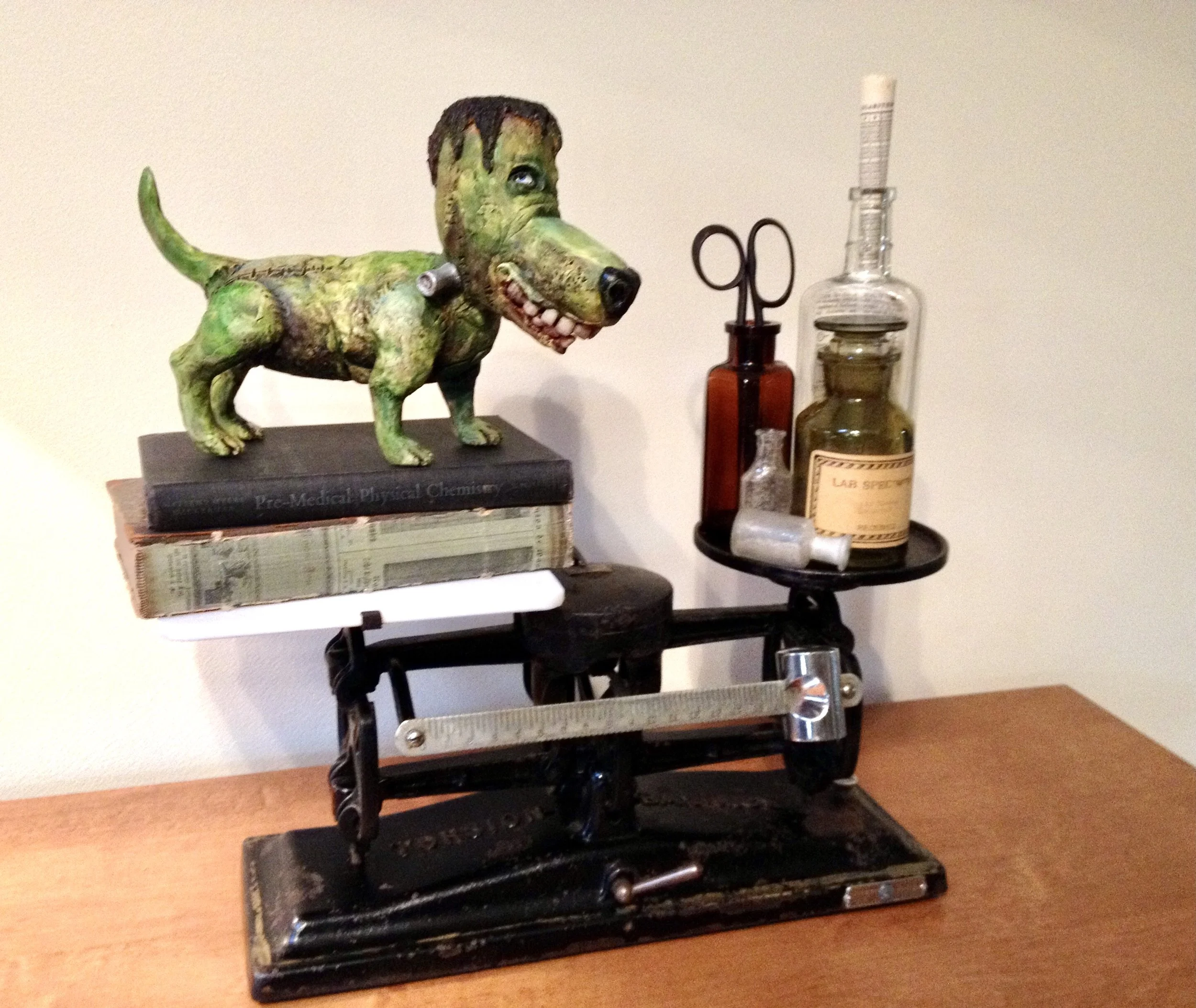 SOLD "Frankendog" ceramic sculpture.