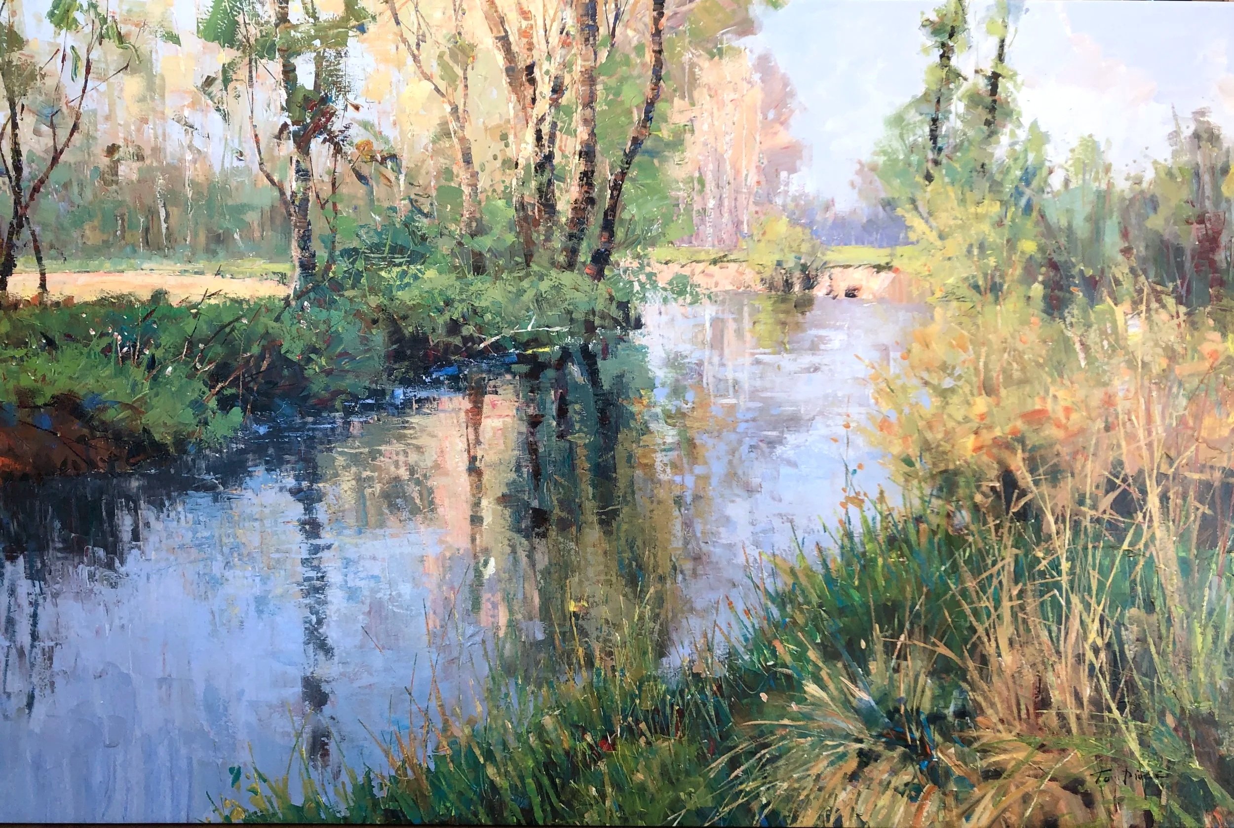 Water Landscape w/ Grasses 48"x72" orig. oil painting on canvas.