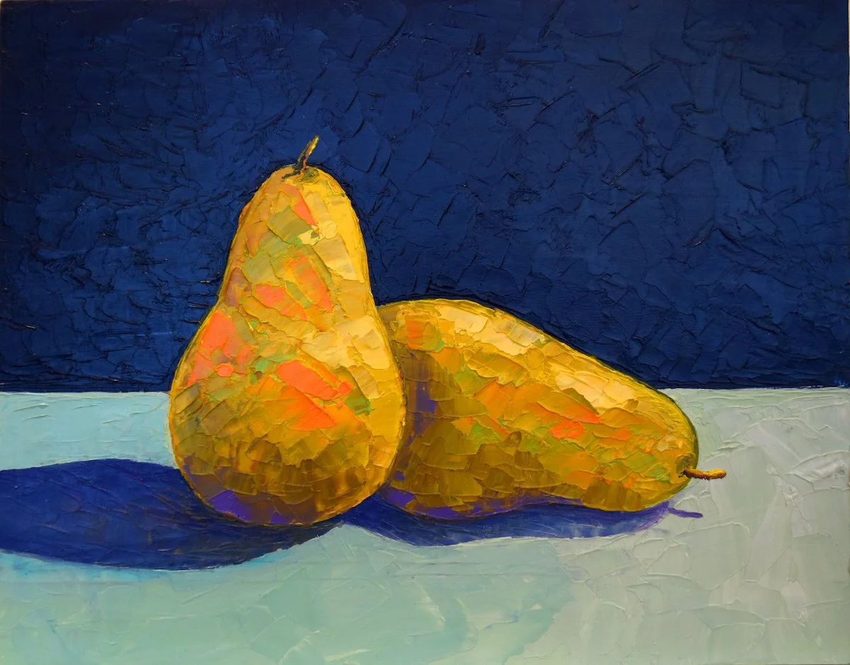 "2 Pears", 11"x 14" orig. oil painting on masonite panel.