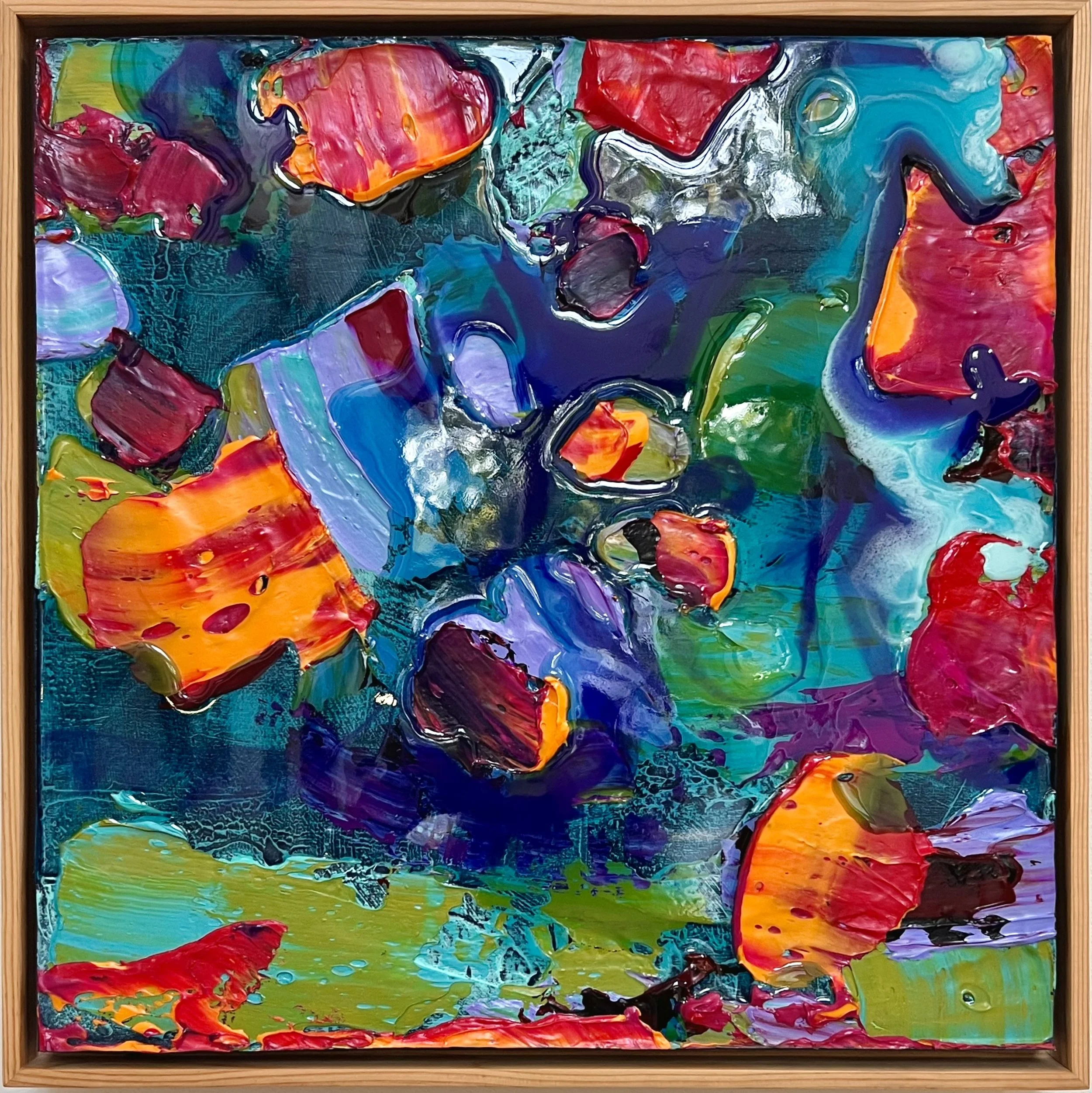 "Tide Pools" 16"x 16" original acrylic paint, epoxy resin on panel, framed.