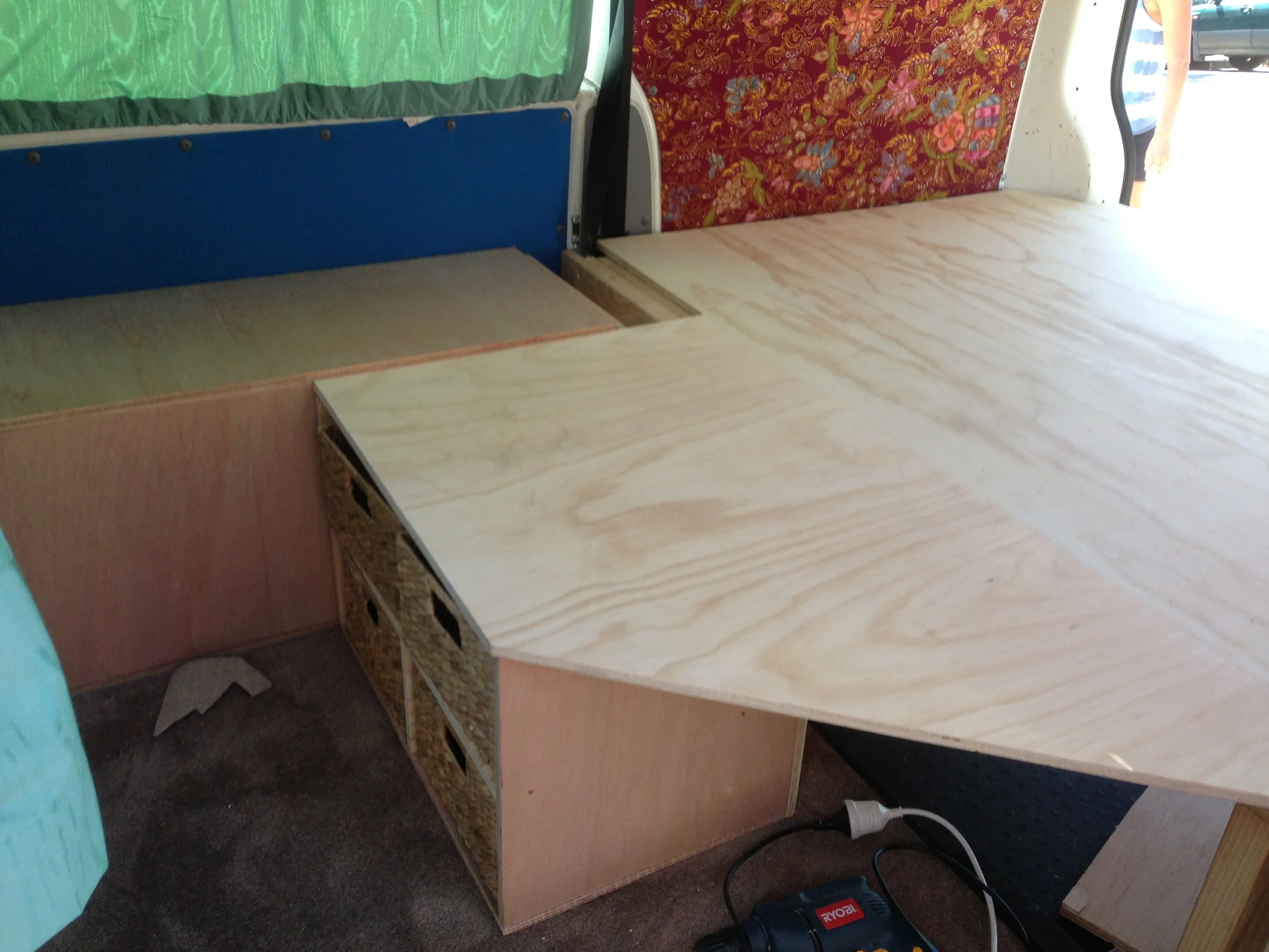  THE BEGINNINGS OF ELLENS VW SHORT WHEEL BASE TRANSPORTER. SHE WANTED TO FIT A DOUBLE BED IN AND STILL HAVE A DECENT AMOUNT OF STORAGE. SAM AND JARED CAME UP WITH A COUPLE OF SCETCH IDEAS. ELLEN DECIDED ON SOME CHESTS THAT COULD RUN BACK UNDER THE BE