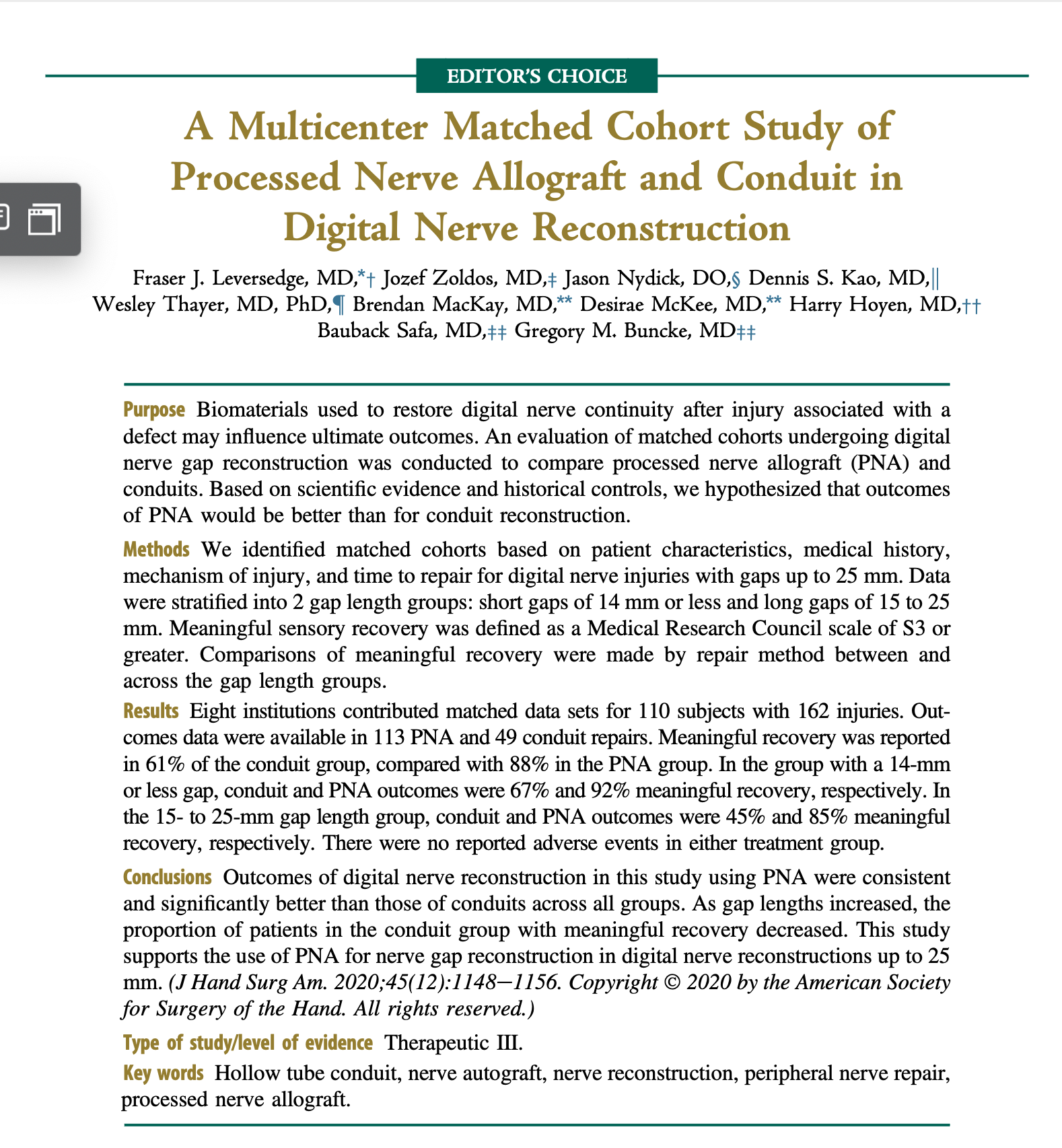Processed Nerve Allograft is Superior to Conduit in Digital Nerve Repairs
