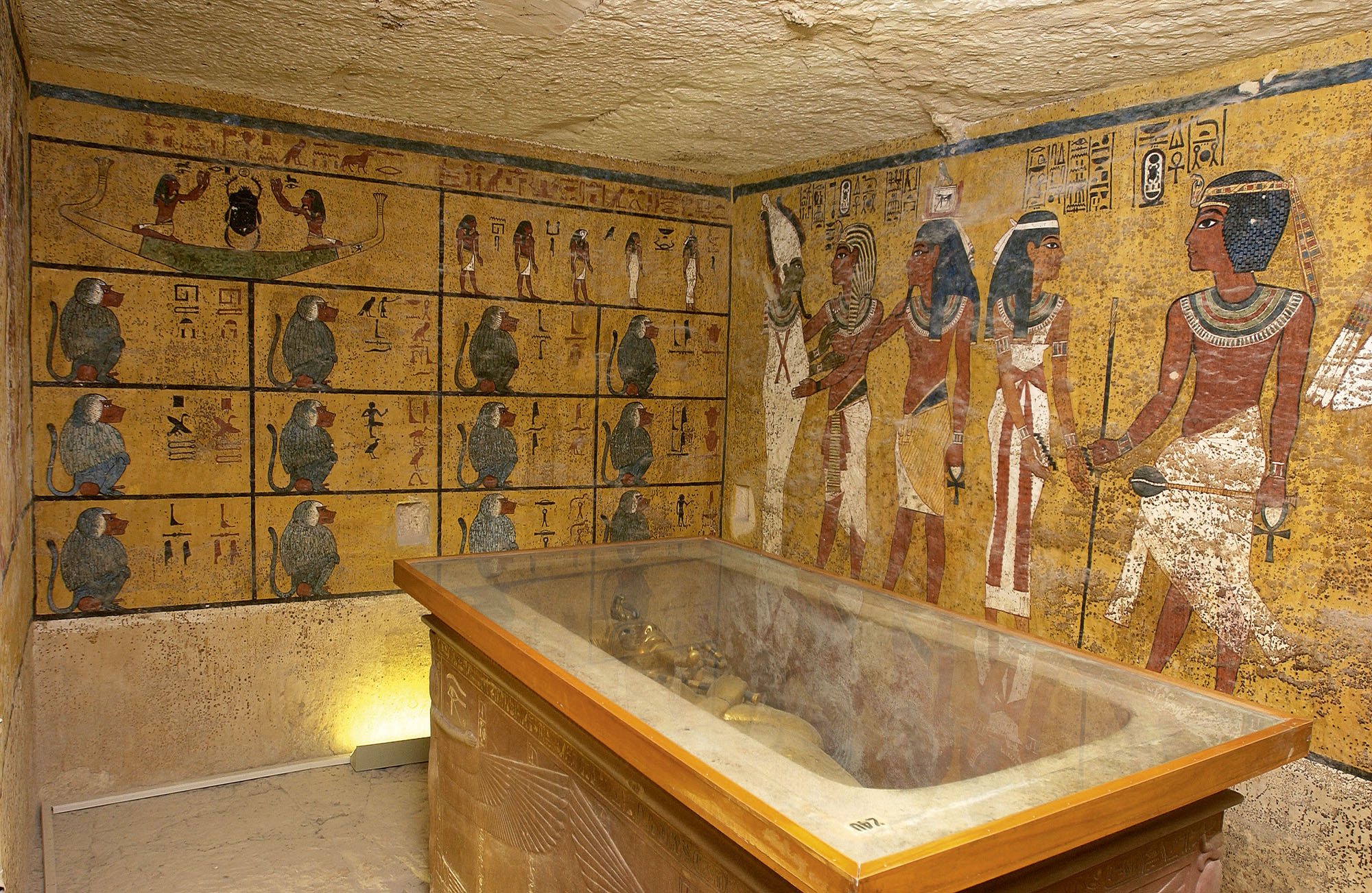 The burial chamber of King Tutankhamun. Dr Reeves claims the wall on the right is a false partition wall, concealing the intact burial of Queen Nefertiti.