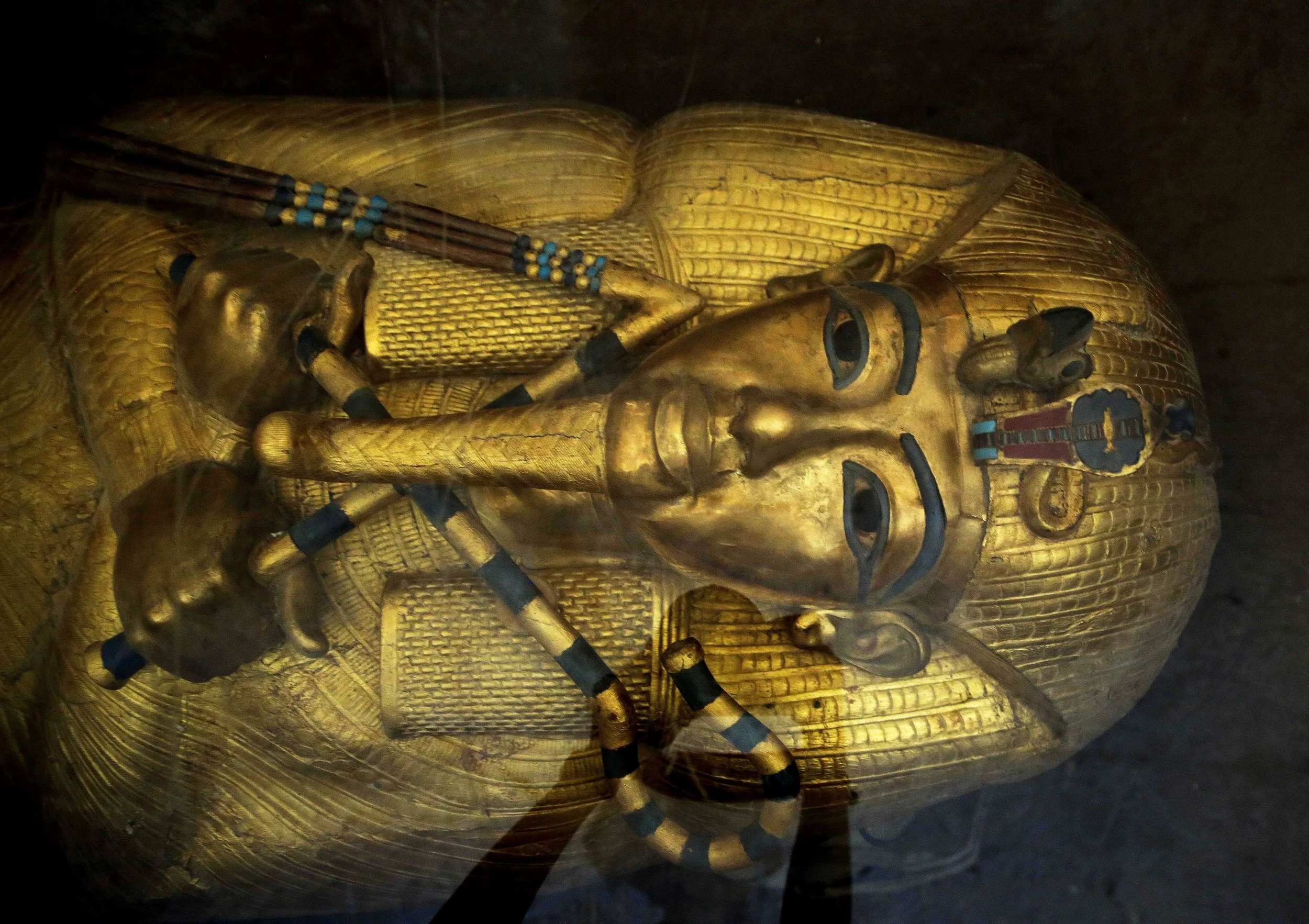 Tutankhamun's gilded outer coffin; one of three that protected the royal mummy. It still rests in the king's stone sarcophagus in the burial chamber that Nicholas Reeves believes was originally part of the corridor of Nefertiti's tomb. Photo: Nariman El-Mofty